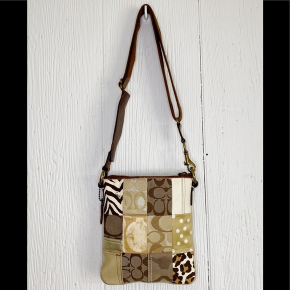 Coach Handbags - Coach Brown Swingpack Patchwork Cross-Body Bag Purse #10818 Contrast Print Brass